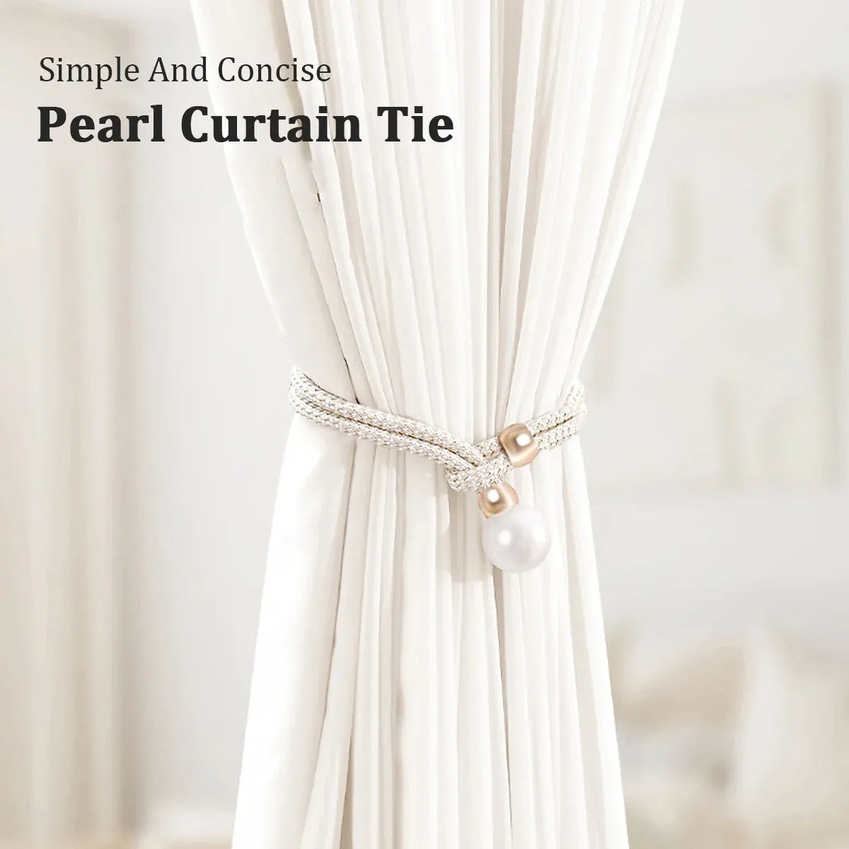 Curtain Tiebacks Pearl Strap Set 3 Pairs Decorative Buckle Holder Rings Hooks - White