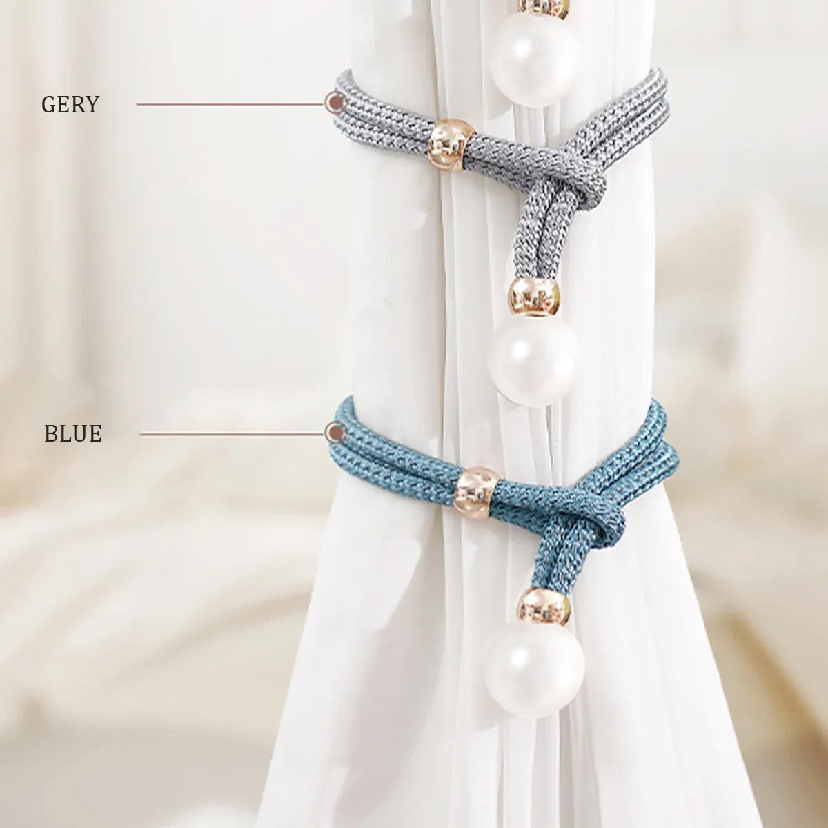 Curtain Tiebacks Pearl Strap Set 3 Pairs Decorative Buckle Holder Rings Hooks - White