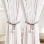 Curtain Tiebacks Pearl Strap Set 3 Pairs Decorative Buckle Holder Rings Hooks - White