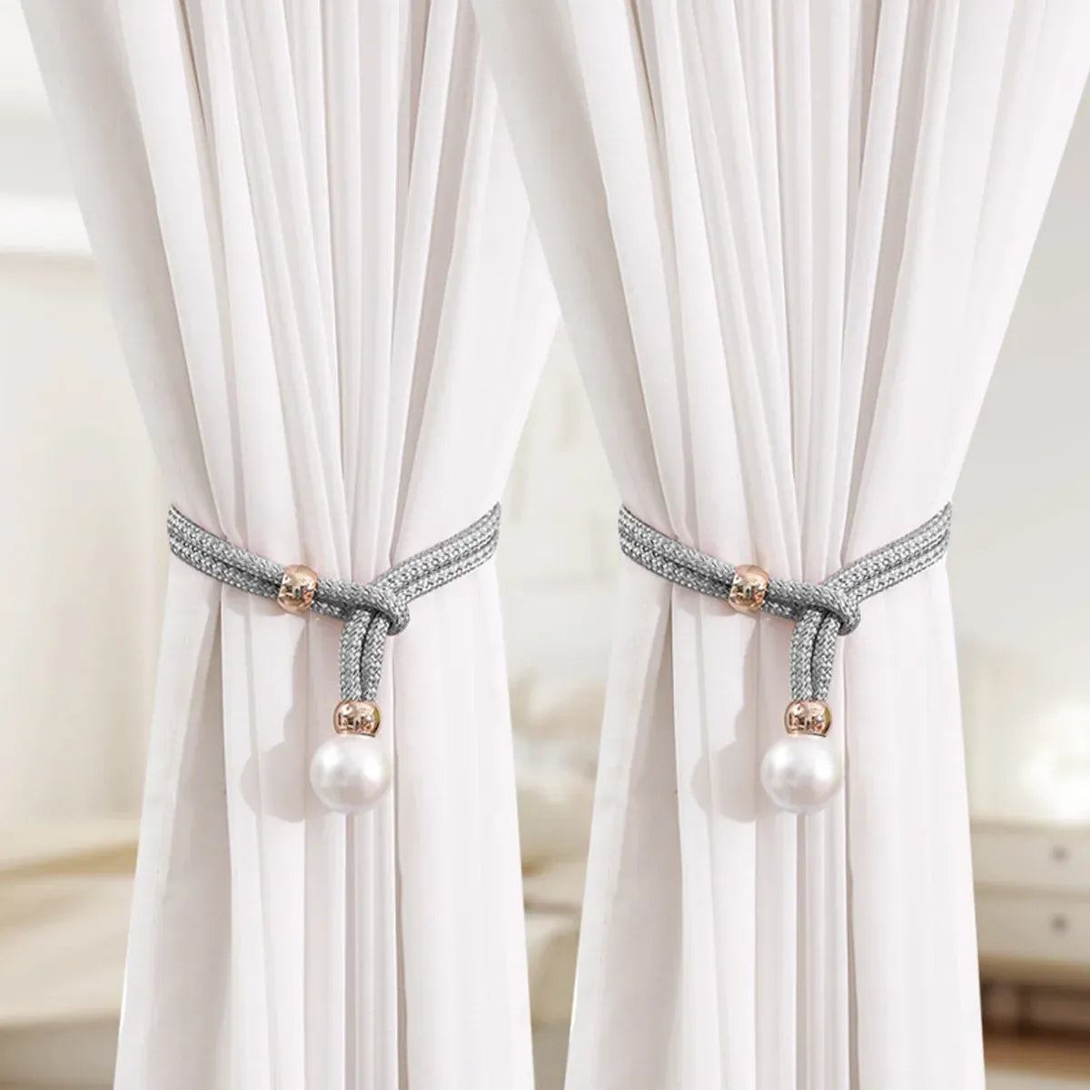Curtain Tiebacks Pearl Strap Set 3 Pairs Decorative Buckle Holder Rings Hooks - White