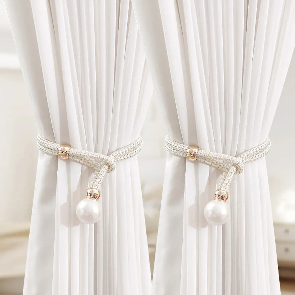 Curtain Tiebacks Pearl Strap Set 3 Pairs Decorative Buckle Holder Rings Hooks - White