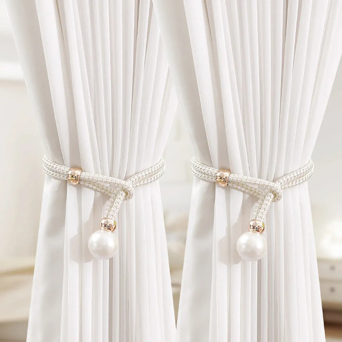 Curtain Tiebacks Pearl Strap Set 3 Pairs Decorative Buckle Holder Rings Hooks - White