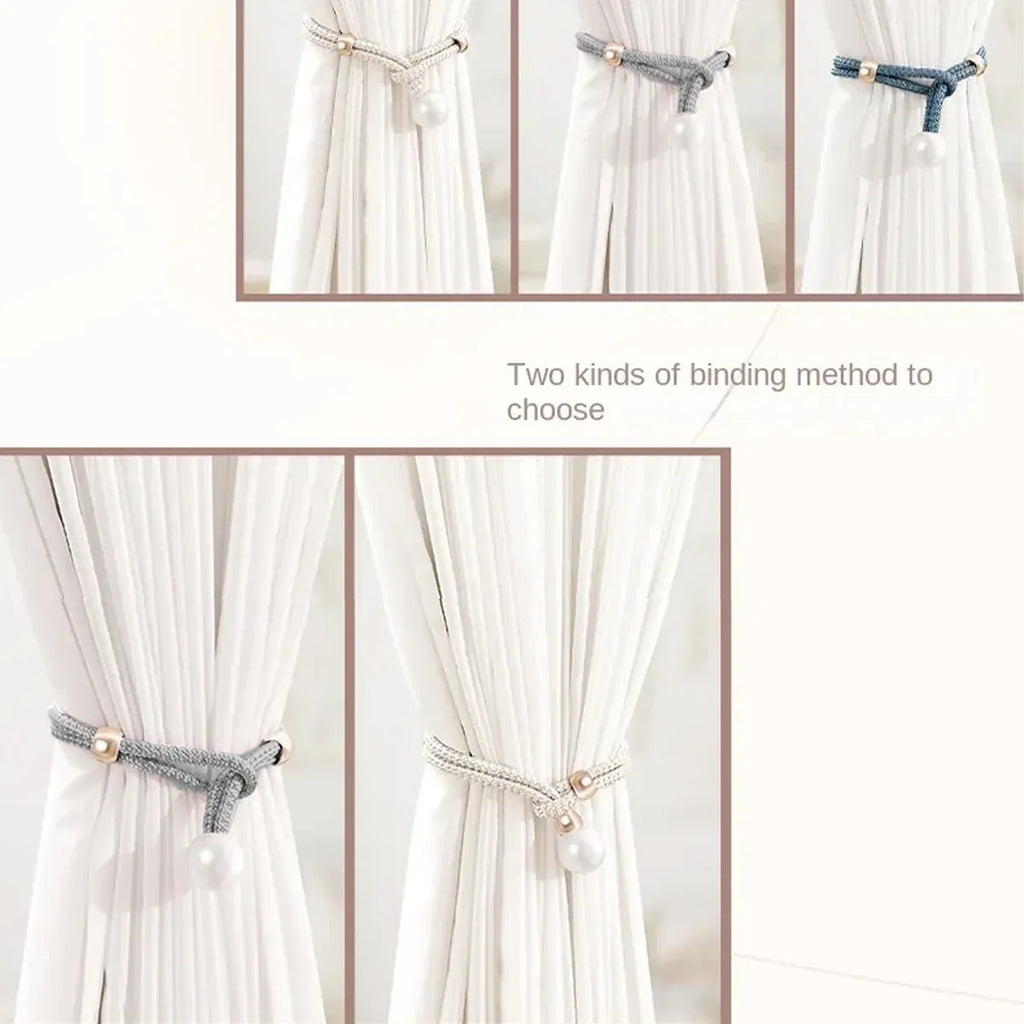 Curtain Tiebacks Pearl Strap Set 3 Pairs Decorative Buckle Holder Rings Hooks - White