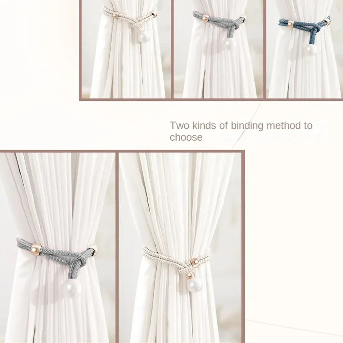 Curtain Tiebacks Pearl Strap Set 3 Pairs Decorative Buckle Holder Rings Hooks - White