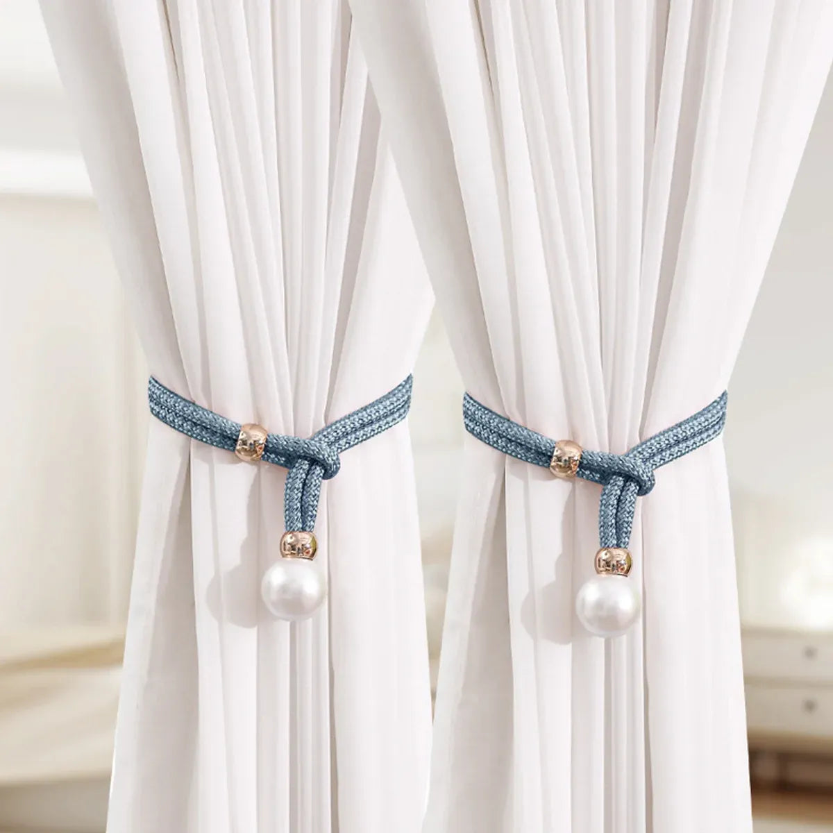 Curtain Tiebacks Pearl Strap Set 3 Pairs Decorative Buckle Holder Rings Hooks - White