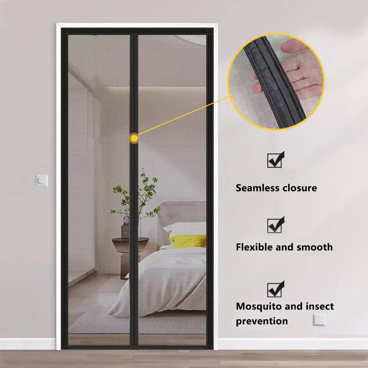 Self-Sealing Door Curtain Insect Proof Durable Mesh Screen for Home Kitchen Use - Black