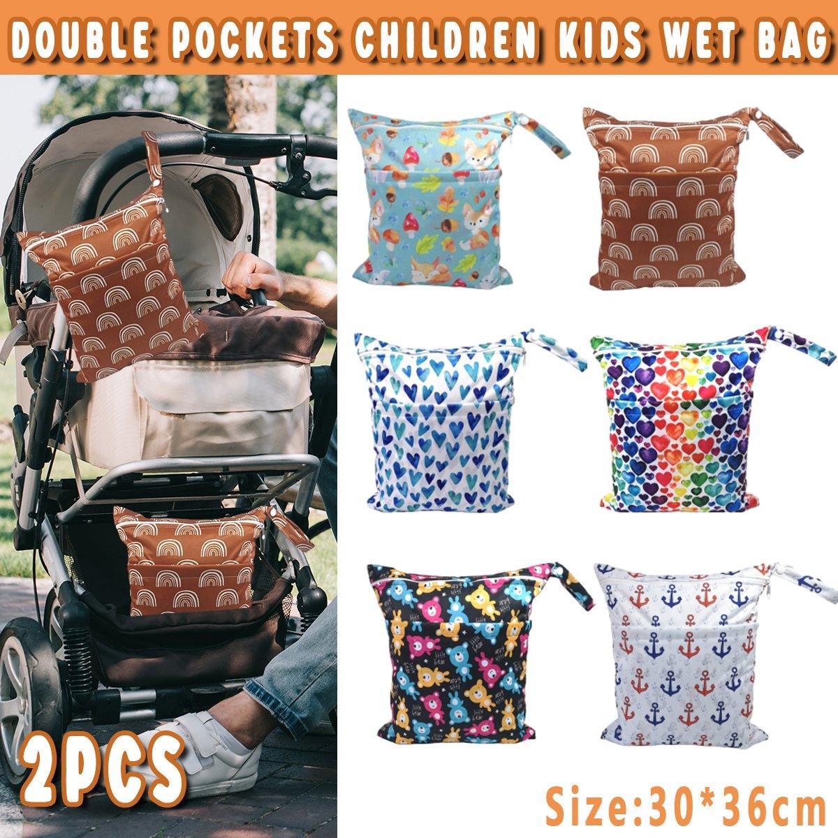2PCS Cartoon Printed Diaper Bag Double Zipper Washable Storage Organizer - Blue Heart