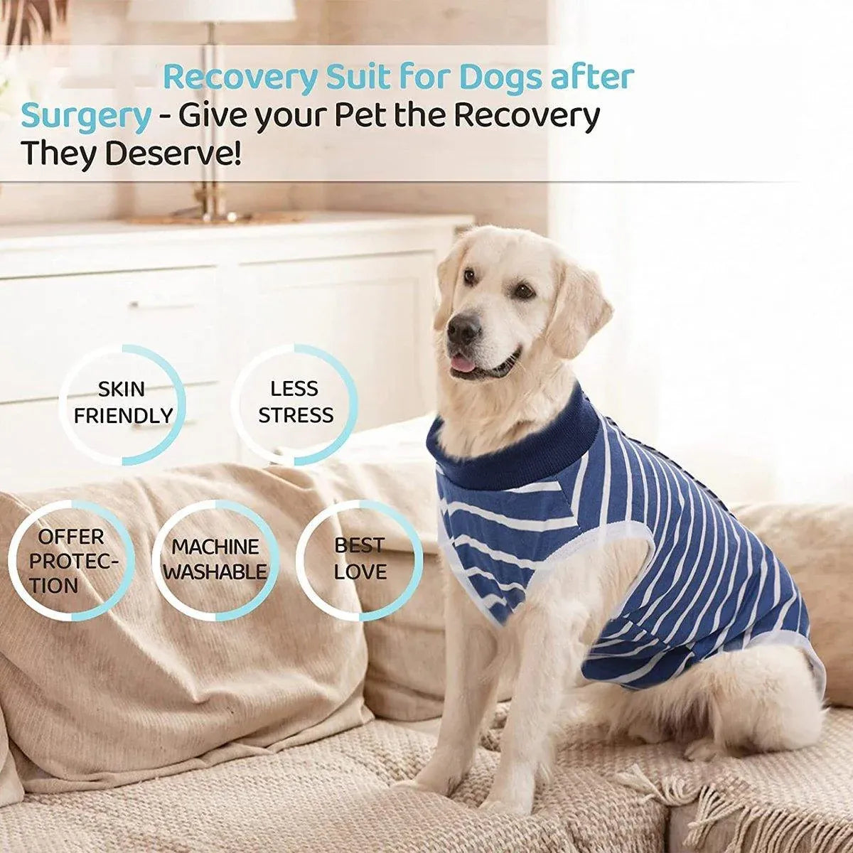 Dog Recovery Suit Anti-Lick Wound Protector Pet Clothing Post-Surgery Belly - Stripes-S