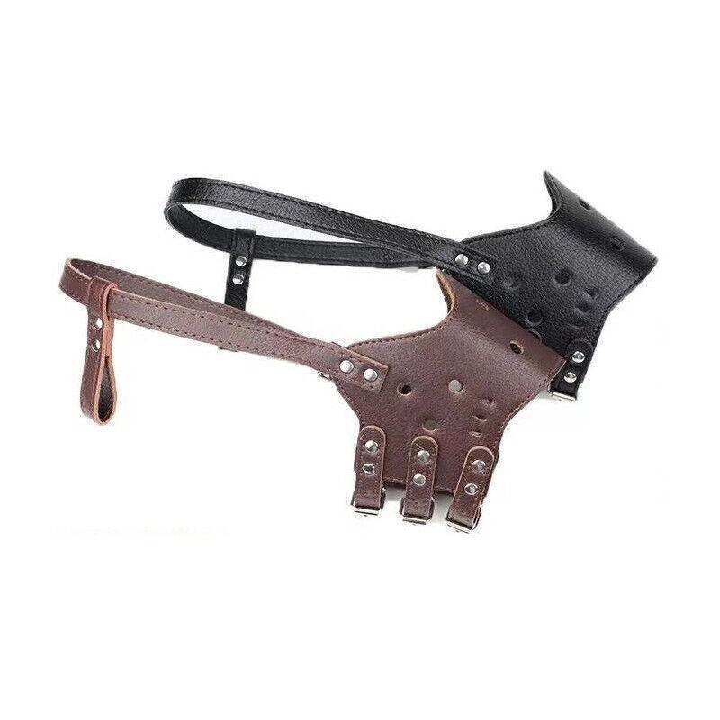 Adjustable Leather Pet Dog Mask Mouth Muzzle Anti Barking Bite Stop Chewing Brown - L