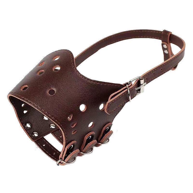 Adjustable Leather Pet Dog Mask Mouth Muzzle Anti Barking Bite Stop Chewing Brown - L