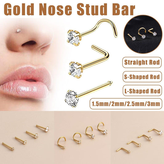 Stainless Steel Nosepiece with Gold Nose Stud Stylish Piercing Jewellery Women - S-Shaped Rod-2mm