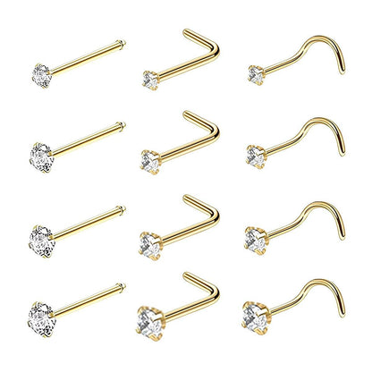 Stainless Steel Nosepiece with Gold Nose Stud Stylish Piercing Jewellery Women - S-Shaped Rod-2mm