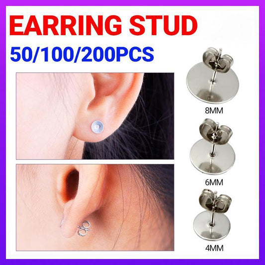 50/100/200PCS Earring Stud Posts Pads+Nut Backs Silvery Surgical Steel DIY Craft 4MM - 50PCS (50xpads&50xbacks)