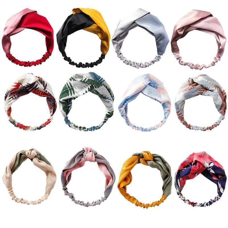 Women Chiffon Floral Print Headband Fashion Bohemian Elastic Cross Hair Bands - A-Green