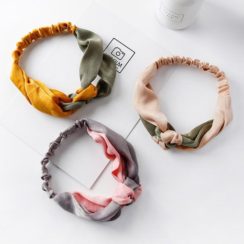 Women Chiffon Floral Print Headband Fashion Bohemian Elastic Cross Hair Bands - Pink