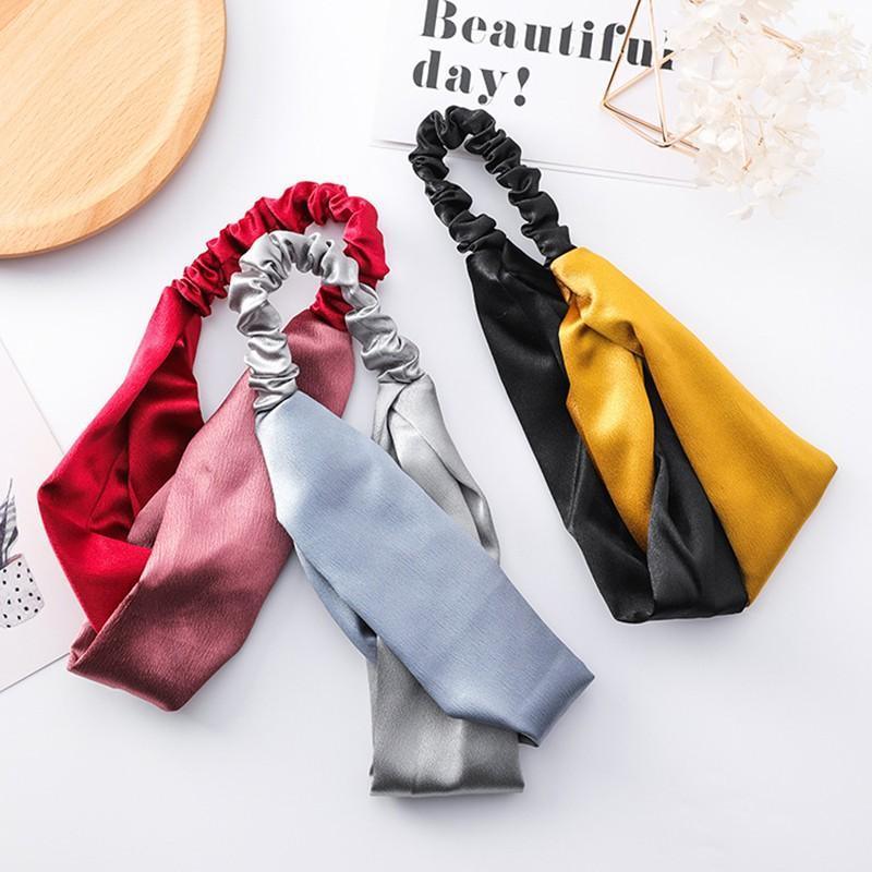 Women Chiffon Floral Print Headband Fashion Bohemian Elastic Cross Hair Bands - Pink