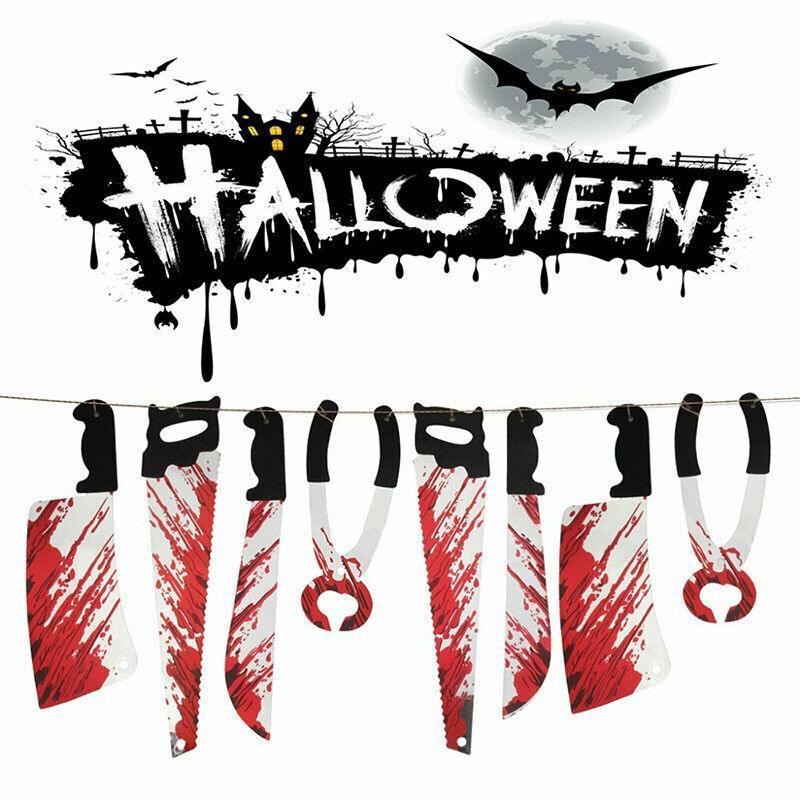 8Pcs Hanging Bloody Weapons Halloween Horror Props Garland Banner Decoration Au