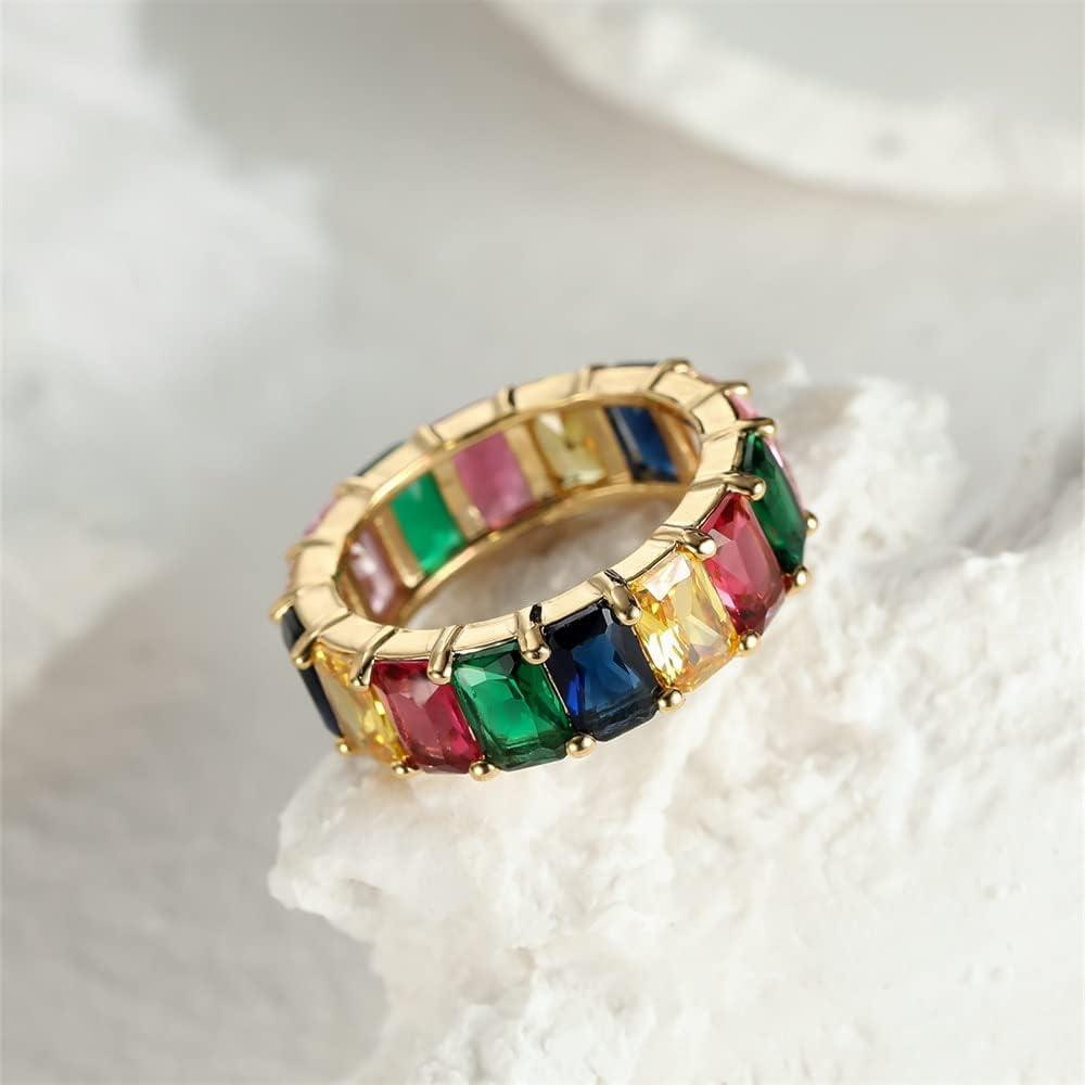 Rainbow Zircon Gemstone Ring Women's Stainless Steel Colourful Ring Size 6-10 - Gold-Multicolor-10