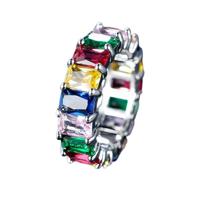 Rainbow Zircon Gemstone Ring Women's Stainless Steel Colourful Ring Size 6-10 - Gold-Multicolor-10