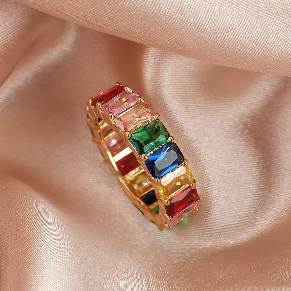 Rainbow Zircon Gemstone Ring Women's Stainless Steel Colourful Ring Size 6-10 - Gold-Multicolor-8