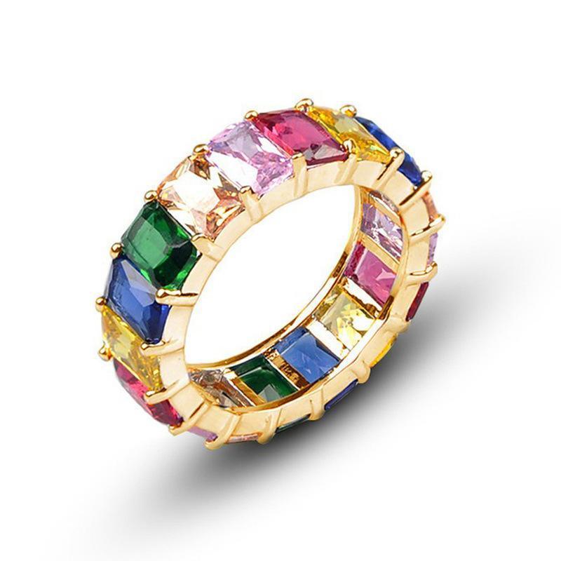 Rainbow Zircon Gemstone Ring Women's Stainless Steel Colourful Ring Size 6-10 - Gold-Multicolor-8