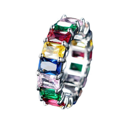 Rainbow Zircon Gemstone Ring Women's Stainless Steel Colourful Ring Size 6-10 - Gold-Multicolor-8