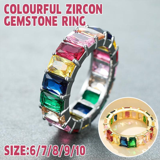 Rainbow Zircon Gemstone Ring Women's Stainless Steel Colourful Ring Size 6-10 - Gold-Multicolor-9