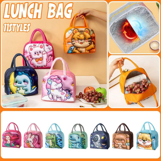 Cute 3D Cartoon Insulated Lunch Bag Oxford Fabric Bento Tote for School Use - Pink Rainbow Unicorn