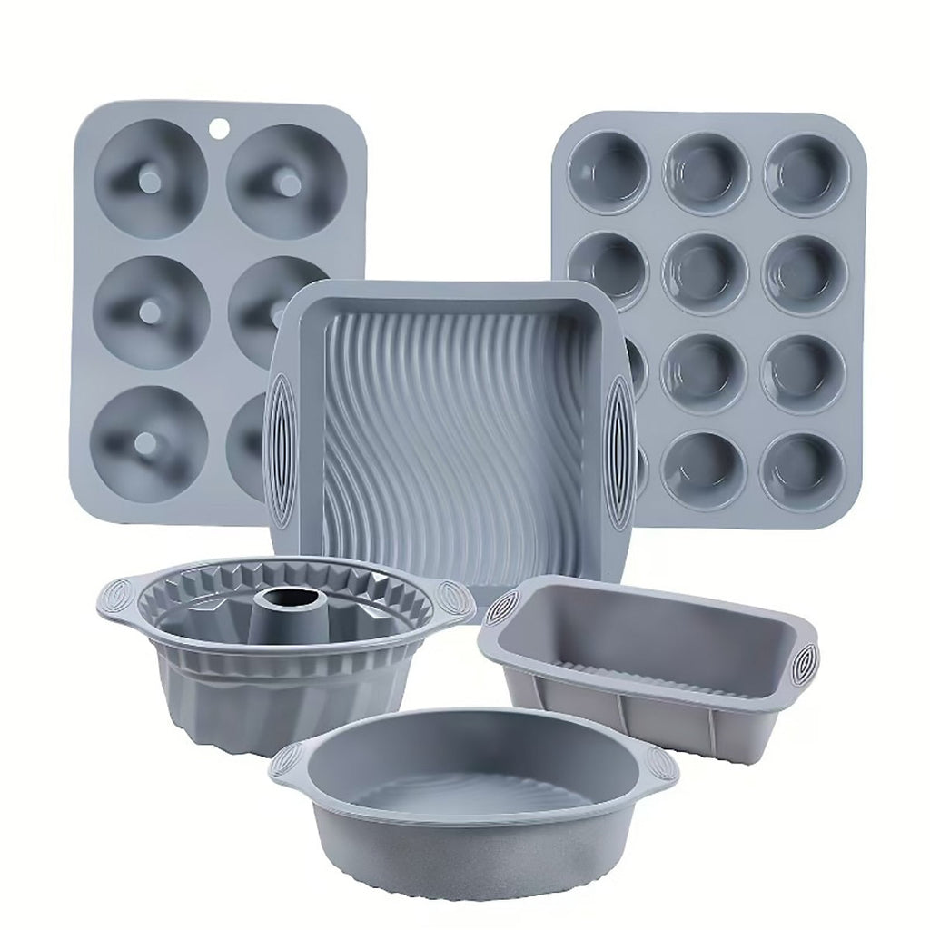6PCS Silicone Cake Mould Set Baking Pans Nonstick Cupcake Cookie Tools Reusable - Pink