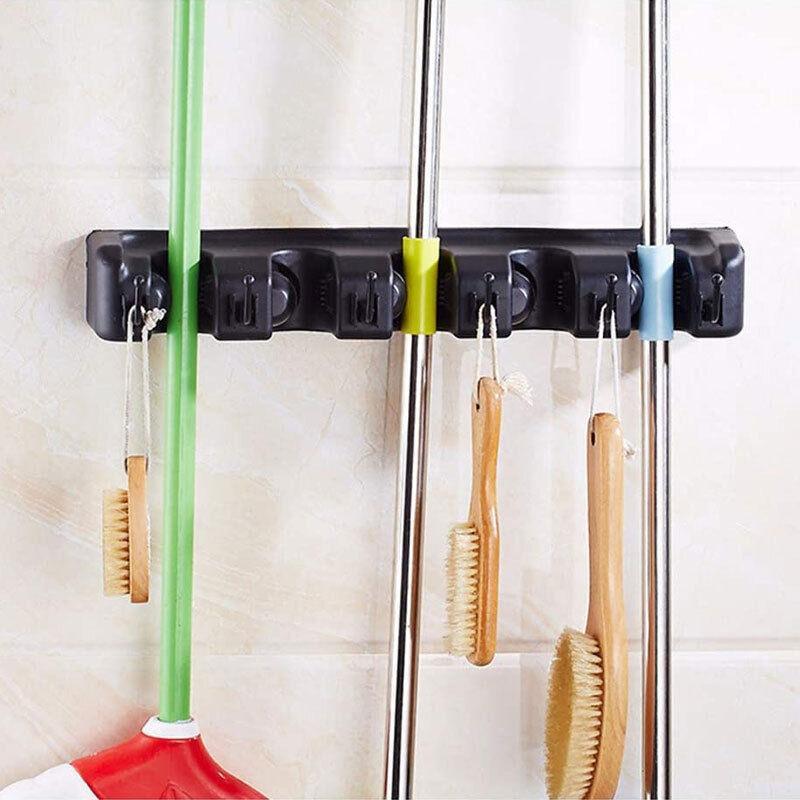 Broom Hanger Mop Holder Wall Mounted Brush Storage Rack Organizer Kitchen Tool - Grey