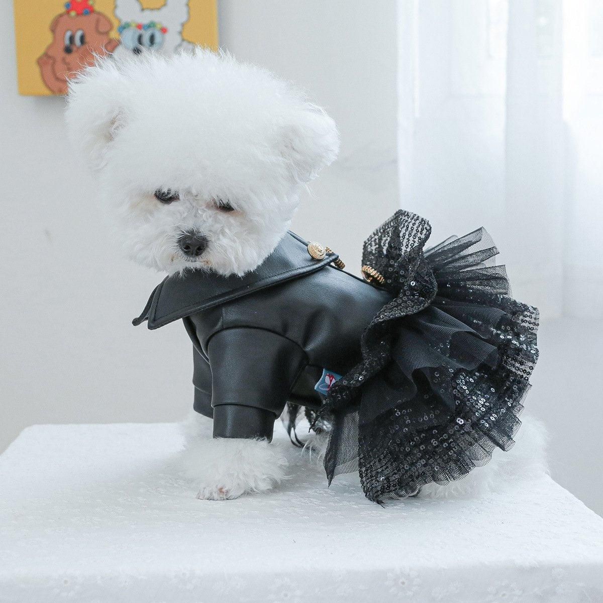 Autumn Winter Pet Dog Cat Dress Faux Leather Sequin Skirt Outfit for Small Dogs - L