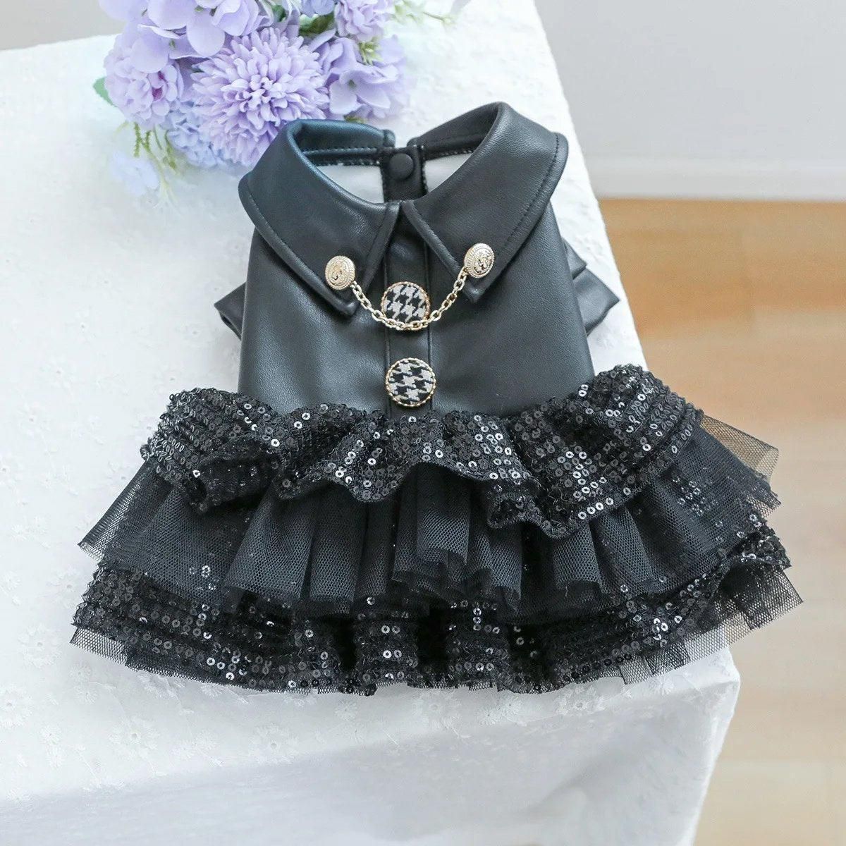 Autumn Winter Pet Dog Cat Dress Faux Leather Sequin Skirt Outfit for Small Dogs - L