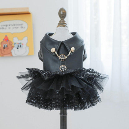 Autumn Winter Pet Dog Cat Dress Faux Leather Sequin Skirt Outfit for Small Dogs - L