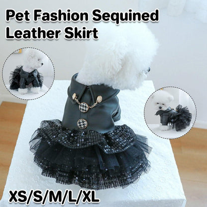 Autumn Winter Pet Dog Cat Dress Faux Leather Sequin Skirt Outfit for Small Dogs - XL