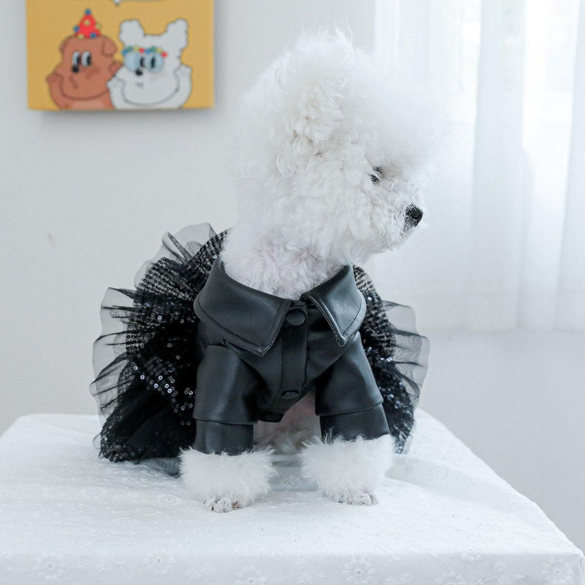 Autumn Winter Pet Dog Cat Dress Faux Leather Sequin Skirt Outfit for Small Dogs - XS