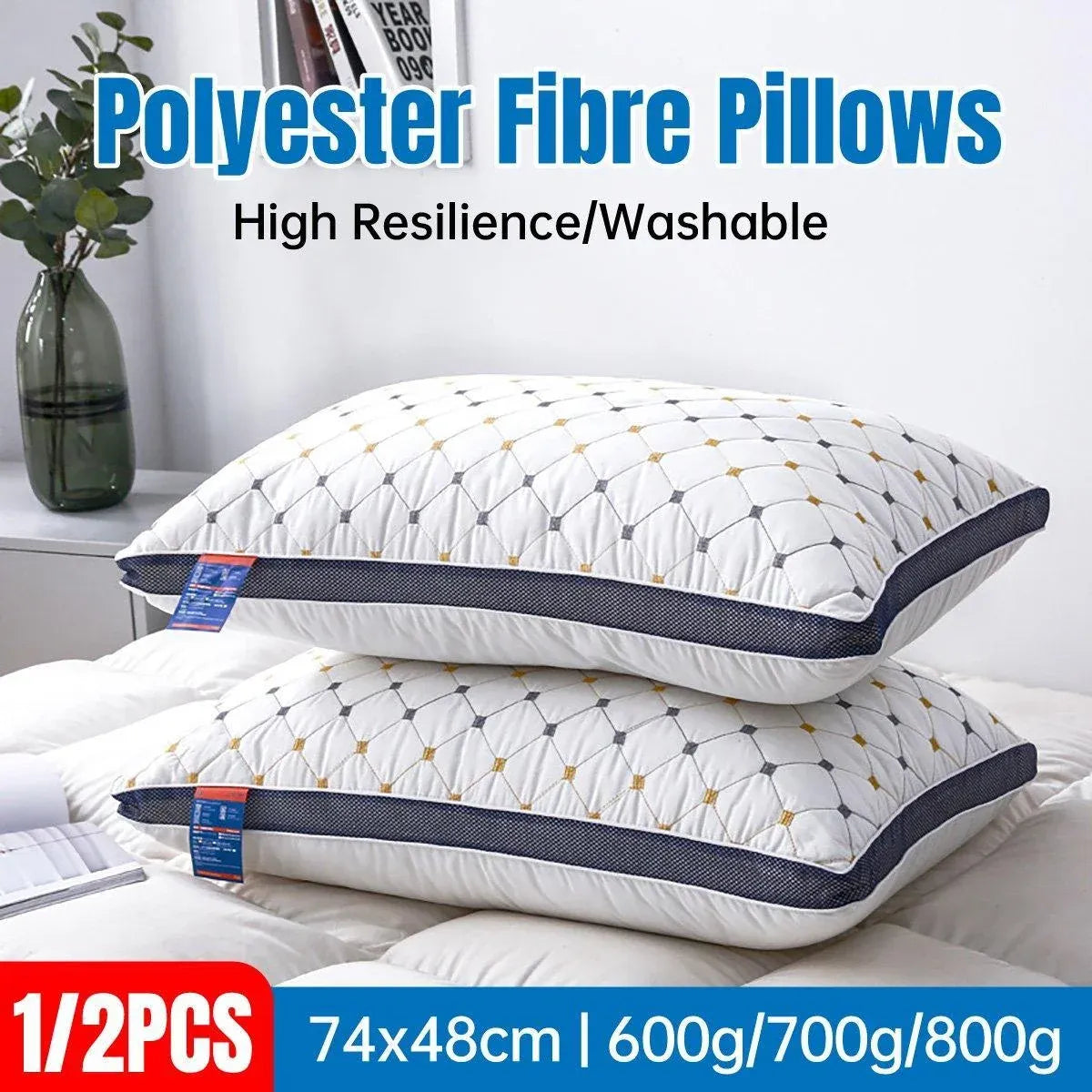1/2pcs High Rebound Feather Velvet Pillow Washable Soft Bed Cushion Core Support - 800g