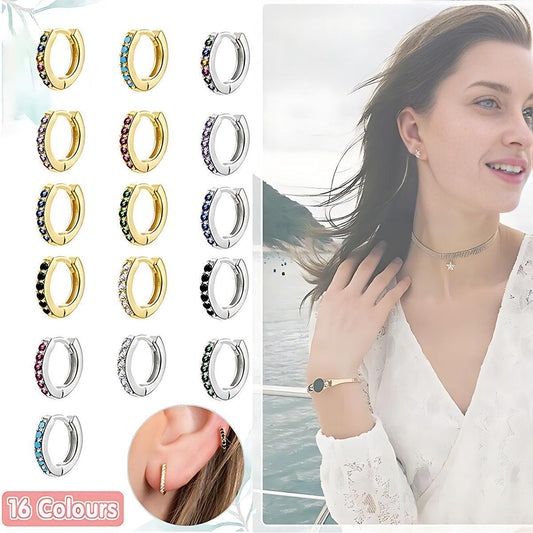 925 Sterling Silver Gold Rings Plated Cubic Crystal Cuff Huggie Hoop Earrings Au - Gold-Black Crystal