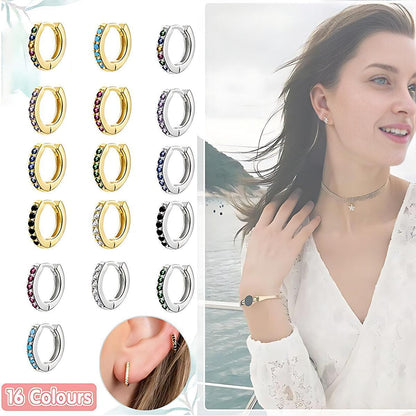 925 Sterling Silver Gold Rings Plated Cubic Crystal Cuff Huggie Hoop Earrings Au - Silver-Green Crystal