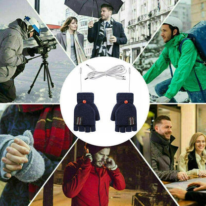 USB Heated Half Finger Gloves Winter Warm Knitted Gloves for Typing and Office Use - Blue