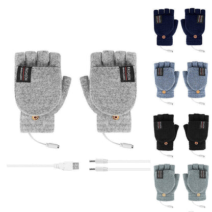 USB Heated Half Finger Gloves Winter Warm Knitted Gloves for Typing and Office Use - Grey