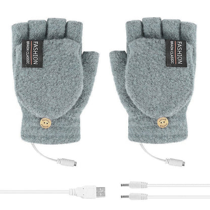 USB Heated Half Finger Gloves Winter Warm Knitted Gloves for Typing and Office Use - Grey