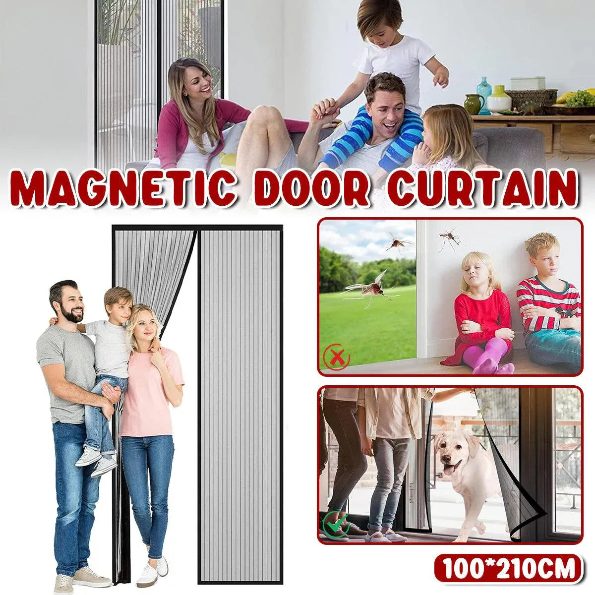 Vertical Stripe Auto-Closing Screen Door Curtain Anti Mosquito Bug Mesh Hands Free