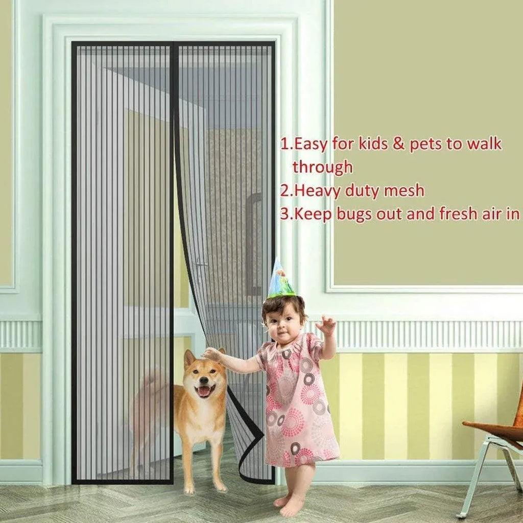 Vertical Stripe Auto-Closing Screen Door Curtain Anti Mosquito Bug Mesh Hands Free