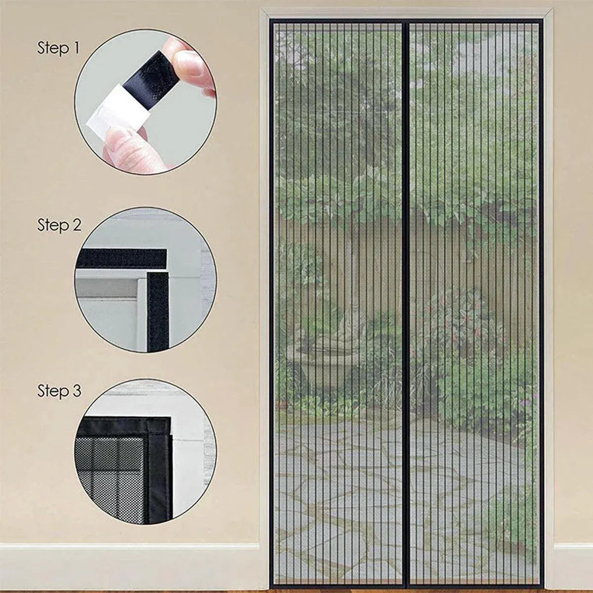 Vertical Stripe Auto-Closing Screen Door Curtain Anti Mosquito Bug Mesh Hands Free