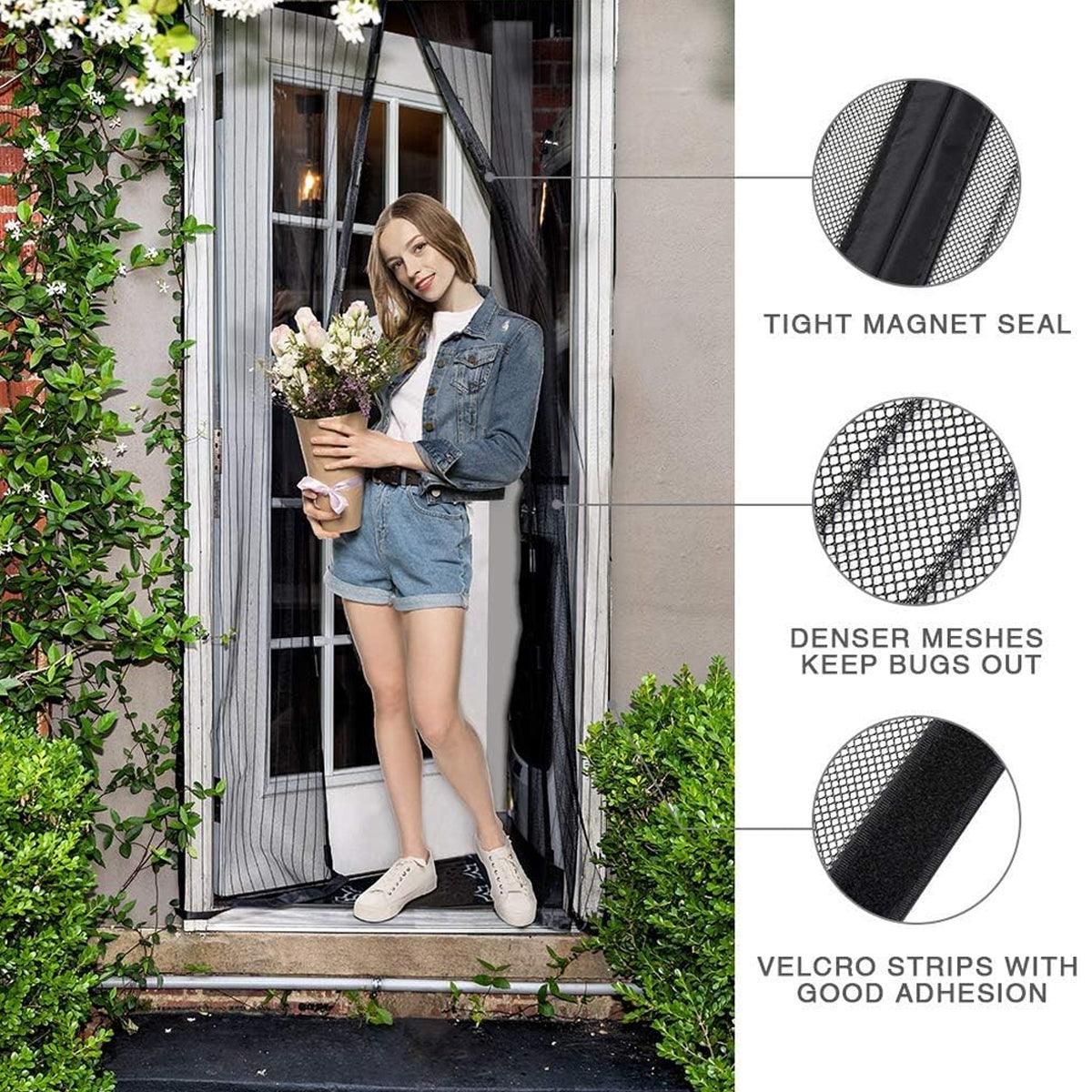 Vertical Stripe Auto-Closing Screen Door Curtain Anti Mosquito Bug Mesh Hands Free