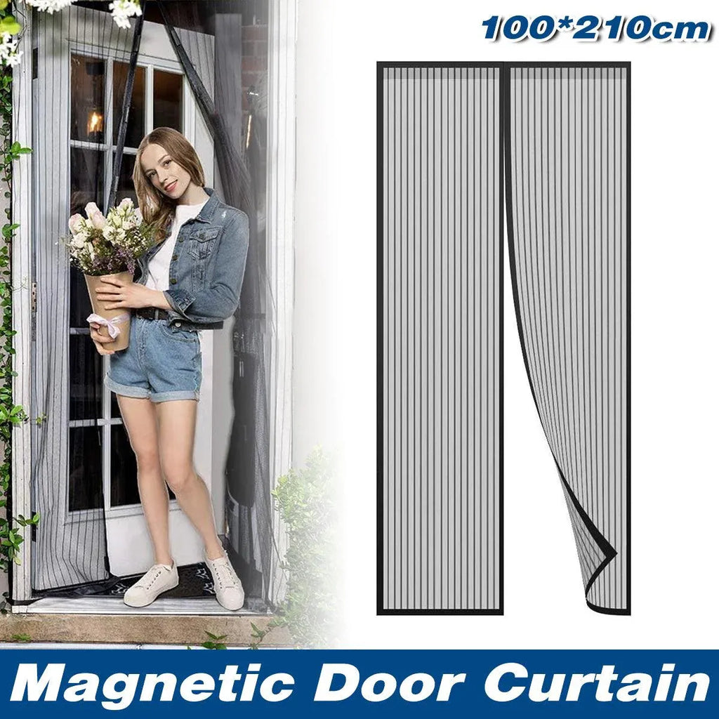 Vertical Stripe Auto-Closing Screen Door Curtain Anti Mosquito Bug Mesh Hands Free