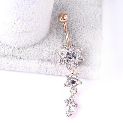 Flower Crystal Surgical Steel Dangle BELLY Button Navel bars Ring Body Piercing - Rose Red