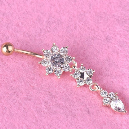Flower Crystal Surgical Steel Dangle BELLY Button Navel bars Ring Body Piercing - Rose Red