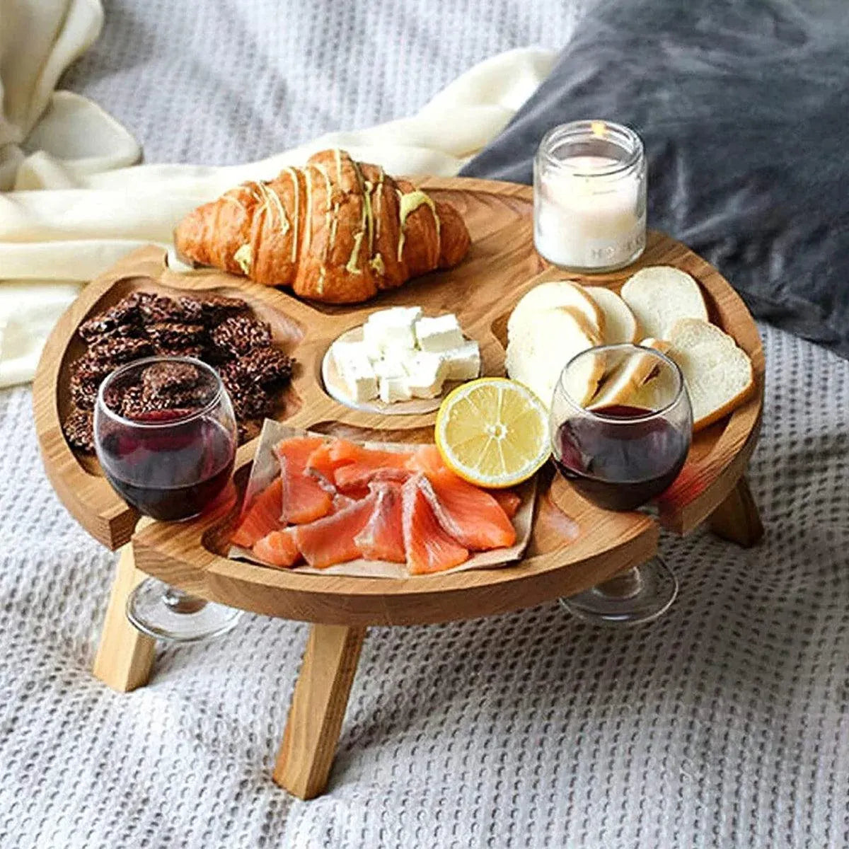 Wooden Portable Dining Table Outdoor Picnic Snack Fruit Serving Foldable Tray