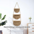 Three Layer Cotton Rope Wall Hanging Basket Door Storage Rack Organizer Bag - Brown